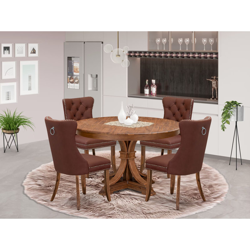 Ensemble moderne 5 pièces Mid-Century composé d'une table et de 4 chaises rembourrées en tissu de polyester bourgogne avec dossier capitonné, noyer antique