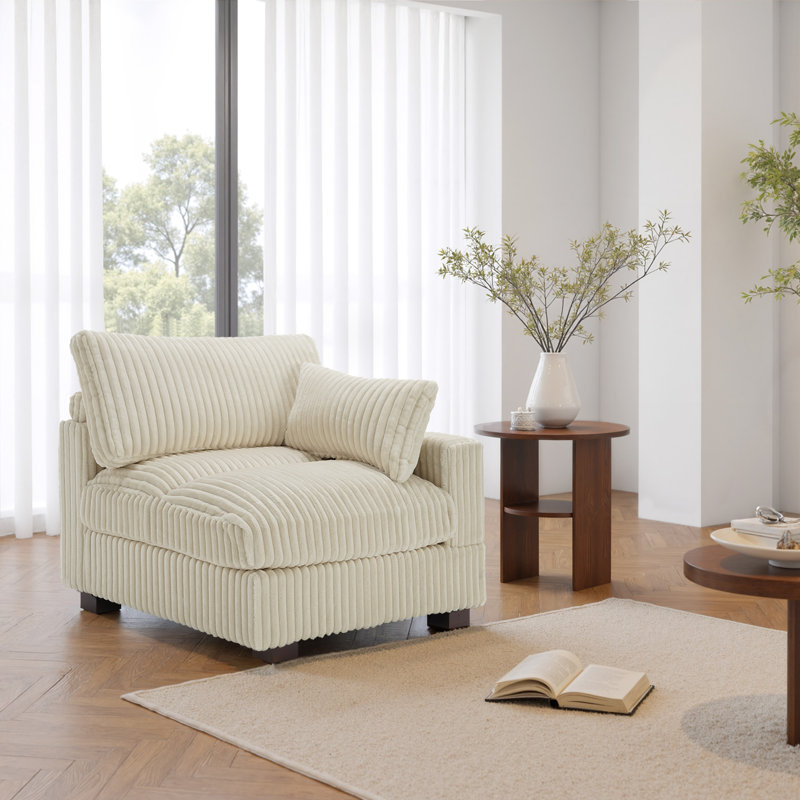 Upholstered Faux Rabbit Fur Flannel Armchair with Pillow Back, One Arm Single Chair Module Part For Sectional Sofa, White