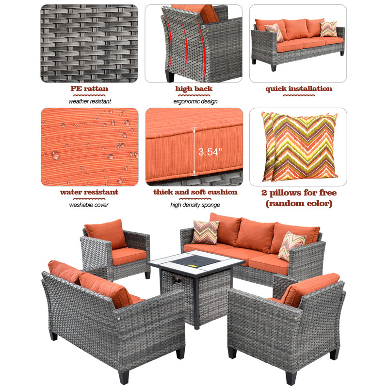 GRST Wicker 7 - Person Patio Conversation Set with Cushions, Orange Red