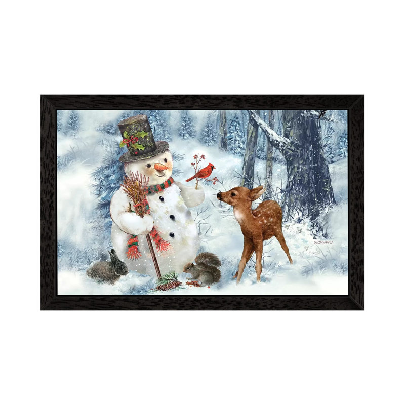 Woodland Snowman - Painting on Canvas, 101.6 cm H x 66.04 cm W, Black Framed Canvas