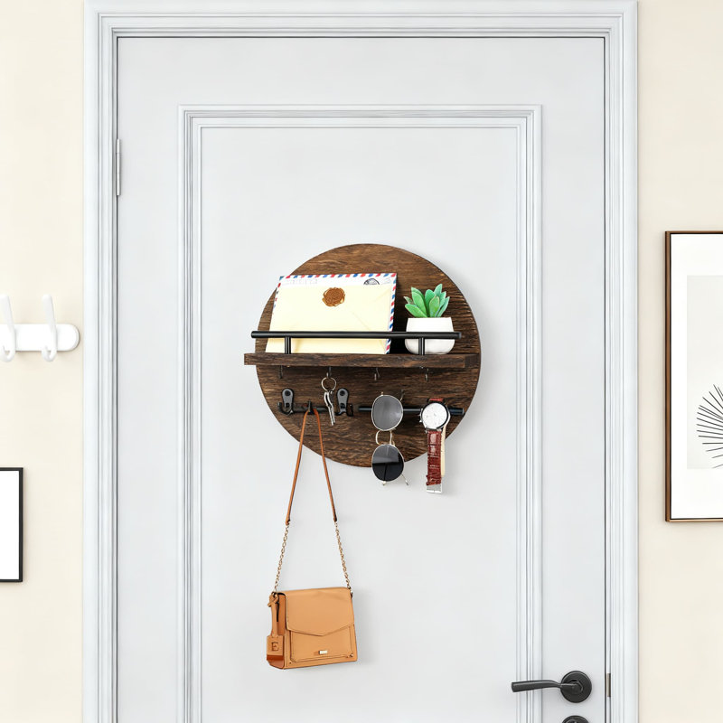 Porte-clés mural avec tablette à courrier et crochets, organisateur de vestibule circulaire avec tablette flottante et crochets en métal pour les clés, le courrier et le rangement de l'entrée
