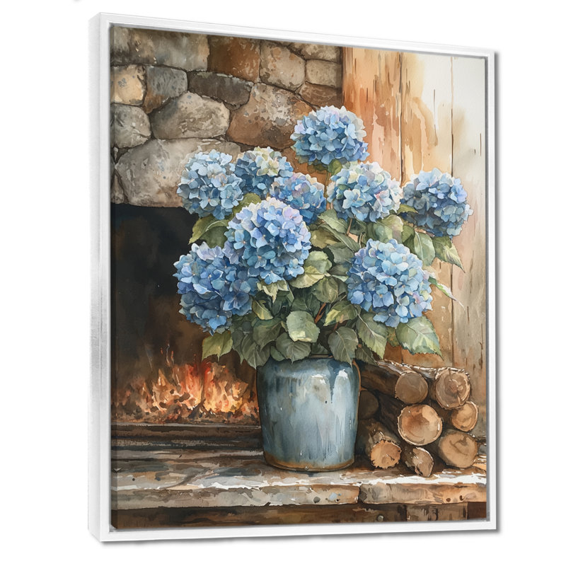 Gerone Hydrangeas By The Fireplace II - Hydrangea Framed Prints, 32" H x 24" W, Floater Framed Print, White
