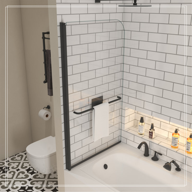 Pare-baignoire pivotant avec verre trempé de 1/4 po et barre à serviettes, Noir mat