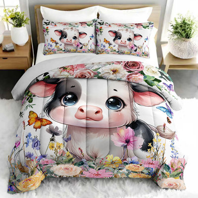 Adorable ensemble d'édredon aquarelle à motif de vaches mignonnes, adorable ensemble de literie pour bébé vache avec 2 taies d'oreiller, literie douce et lavable à la machine, édredon toutes saisons pour le décor