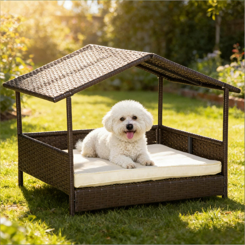 Lit pour animal de compagnie, niche pour chien en rotin, H 27,5 po x l 38,5 po x P 27,25 po, Brun