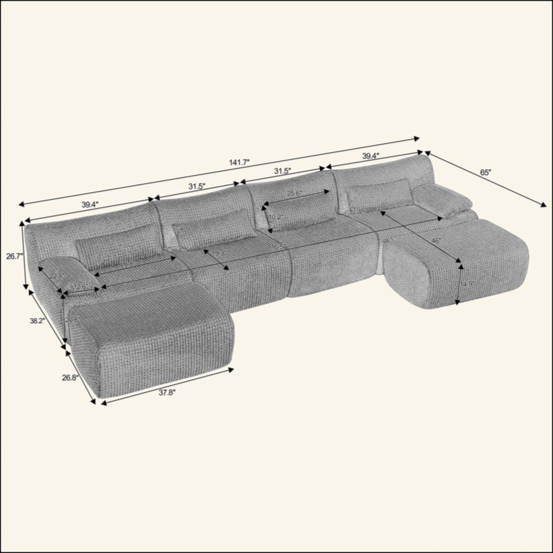 Canapés modulaires pour salon, canapé convertible en U avec repose-pieds, Cream Corduroy