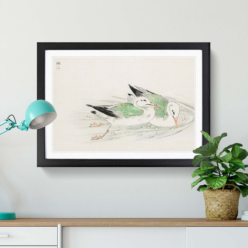 Two Gulls by Numata Kashu - Picture Frame Painting Print, Black Framed, 62cm H x 87cm W x 2cm D