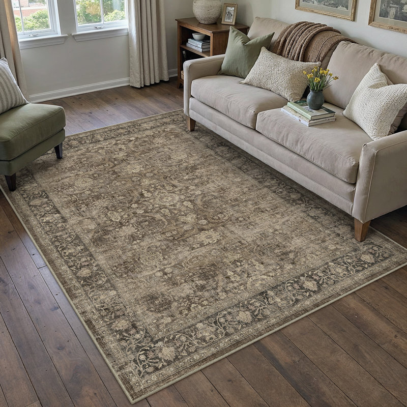 Bremerton Vintage Washable Brown Area Rug With Non-Slip Backing, Rectangle 3' x 5', Brown