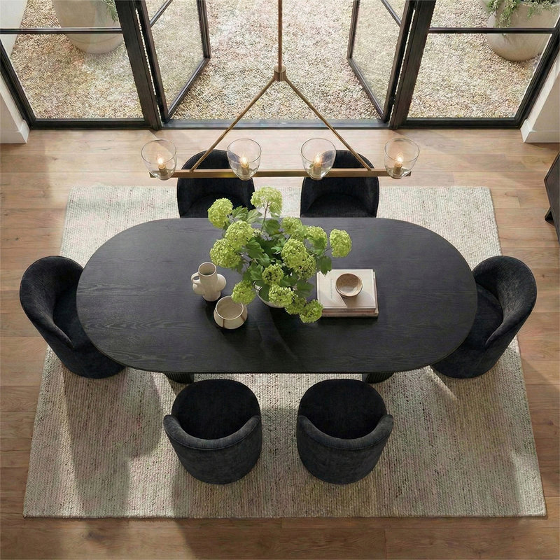  6 - Person Dining Table Sets With Oval Table & 6 Upholstered Chairs, Black, Black