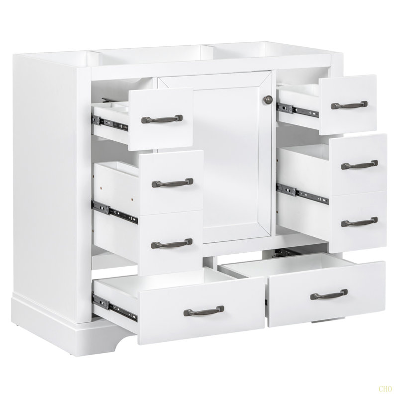 Meuble-lavabo 36 po sans lavabo, base d'armoire seulement, six tiroirs, diviseur de tiroir multifonctionnel, tablette réglable