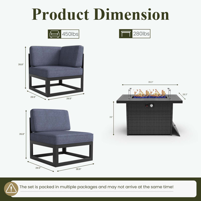  6 Pieces Modern Aluminum Patio Furniture Set With Fire Table, Outdoor Modular Sectional Conversation Set L-shaped Sofa For Backyard