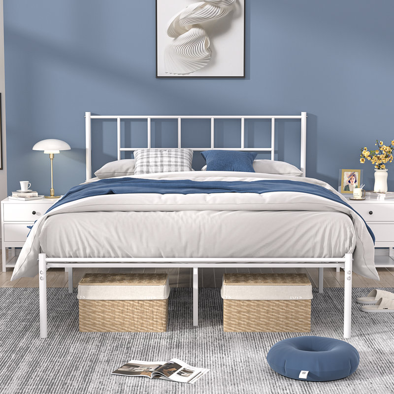 Cadre de lit double, cadre de lit en métal avec tête de lit, lit plateforme en fer sans matelas ni sommier, Double, Blanc