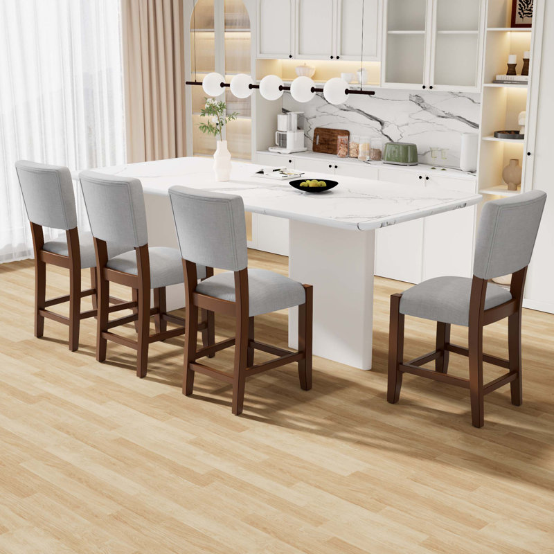 Mid Century Modern Bar Stools Set of 4, 40.4" Counter Stools with Back, Linen Upholstered Barstools with Solid Wood Legs Bar Chairs for Kitchen Island Dining Room, Grey (4-Piece Chairs)