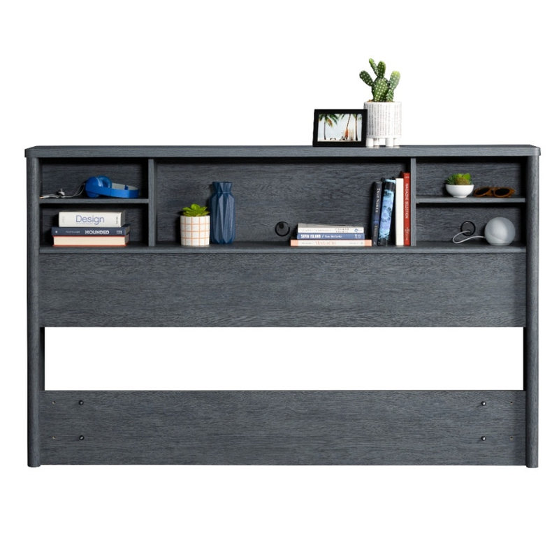 Tête de lit bibliothèque chaude / double pour lit double, finition denim et brun, tablettes de rangement pour la chambre à coucher