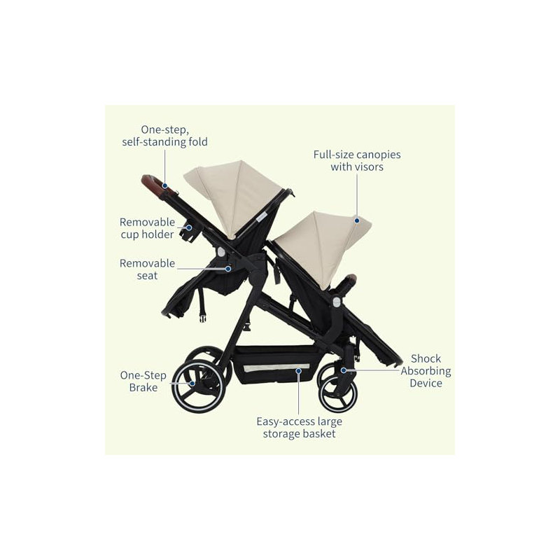 Lightweight Double Stroller for Infant & Toddler - Reversible Tandem Pushchair with Collapsible Bassinet - Adjustable Backrest & Canopy