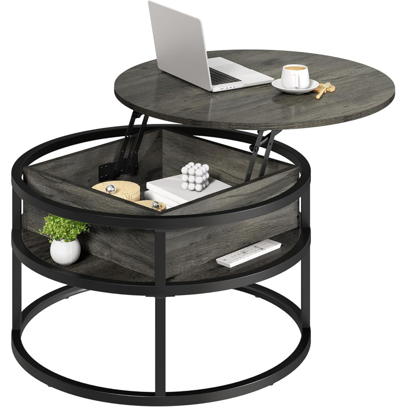 Table basse ronde à plateau relevable avec compartiment de rangement caché, conception moderne à 2 niveaux pour le salon, la décoration intérieure et le bureau, fabrication robuste avec mécanisme de levage en douceur