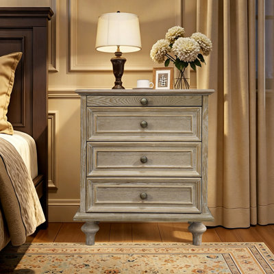 Farmhouse Nightstands with 4 Drawer,Wood Storage End Table with Hidden Pull-Out Shelf, Large Side Table with 4 Solid Wood Feet and Metal Handle, Easy Assembly, Natural/White