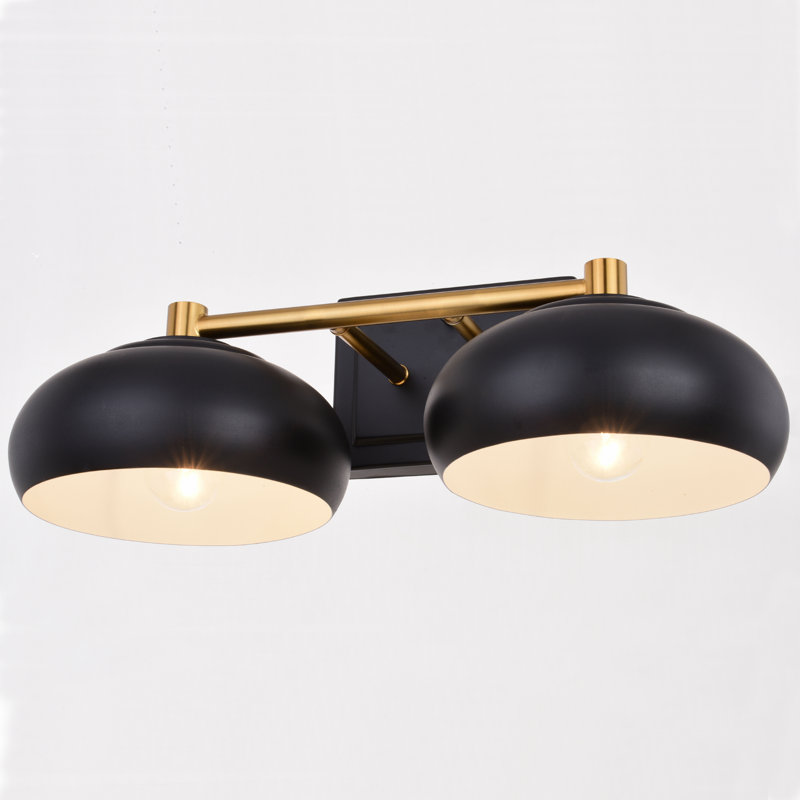Mid Century Modern Dome Bathroom Vanity Fixture, 2 Lights, Matte Black/Satin Brass
