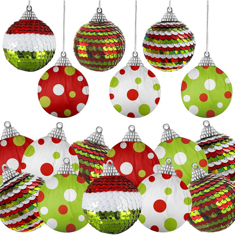 18 pièces de boules de Noël de 2 pouces décoratives - thème Elf, paillettes et paillettes incassables pour décoration de sapin de Noël, vert lime, rouge et blanc