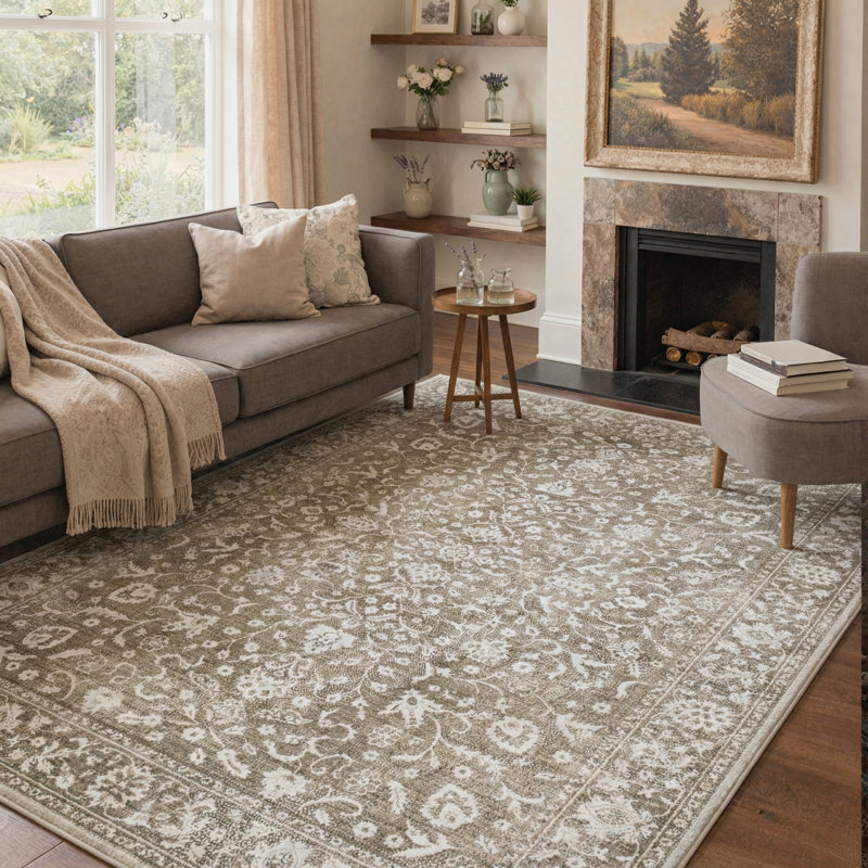 Avesta Oriental Floral Machine Washable Brown / White Indoor Area Rug with Non-Slip Backing, Beige, Rectangle 8' x 10'