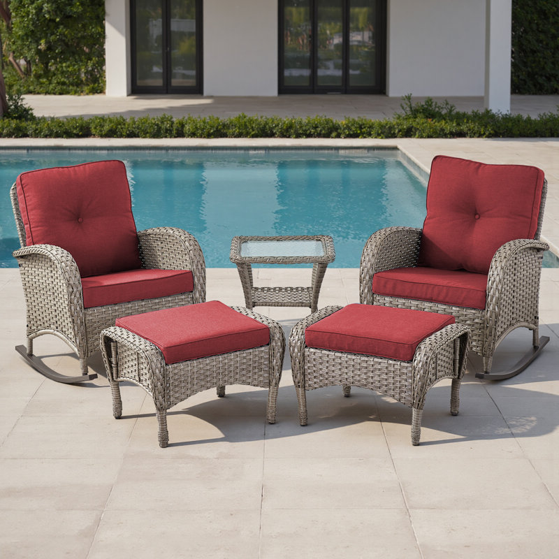 Ensemble de chaises berçantes d'extérieur en rotin 5 pièces avec repose-pieds, Rouge, Gris