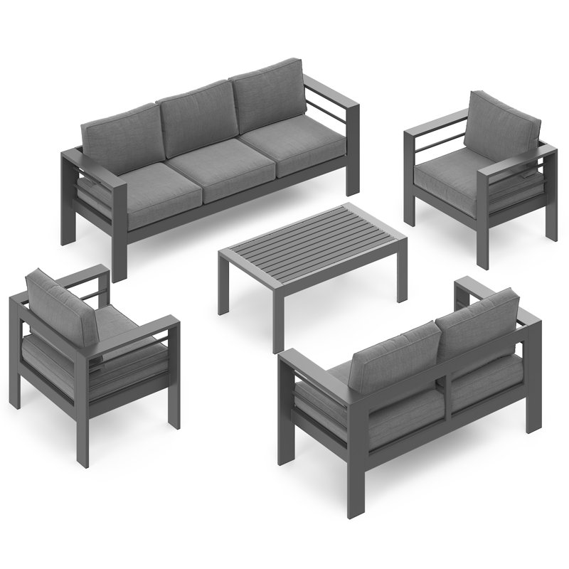 5-Piece Outdoor Patio Furniture Set With Upgraded Cushions, Gray Frame/Gray Cushion