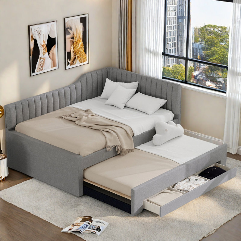 Upholstered Daybed With Trundle, Three Drawers And Vertical Striped Design, Gray, Full / Double