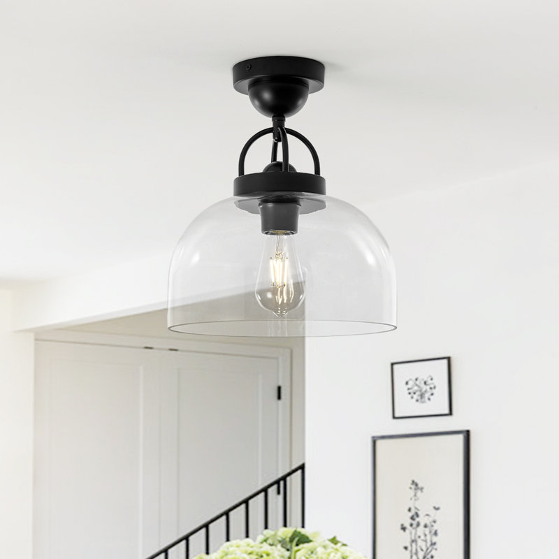 Plafonnier semi-encastré avec abat-jour en verre transparent 1 lumière, Noir mat