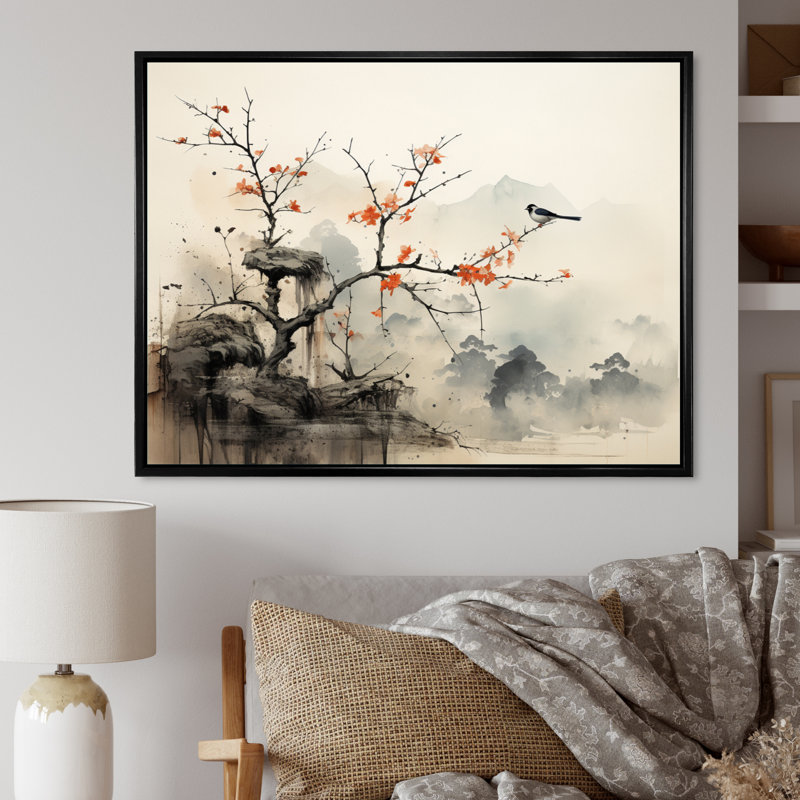 «Asian Art Sumi Bird Serenity XIX» - Art asiatique sur toile, art mural, 34" H x 44" W, Cadre flottant noir