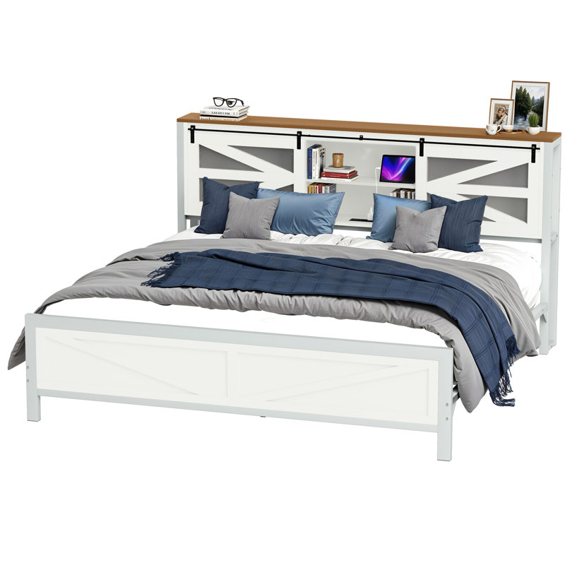 Farmhouse Platform Storage Bed with Bookcase Headboard and LED Lights, King, Brown
