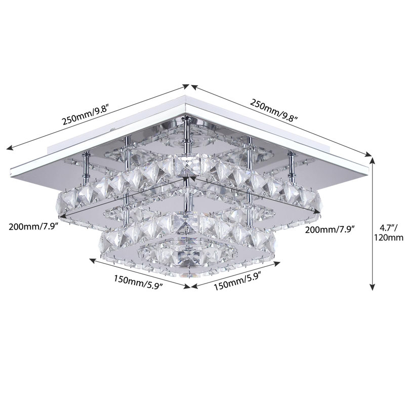 Lustre encastré carré à intensité variable en cristal DEL, plafonnier 9,8 po pour salle à manger, cuisine, vestibule