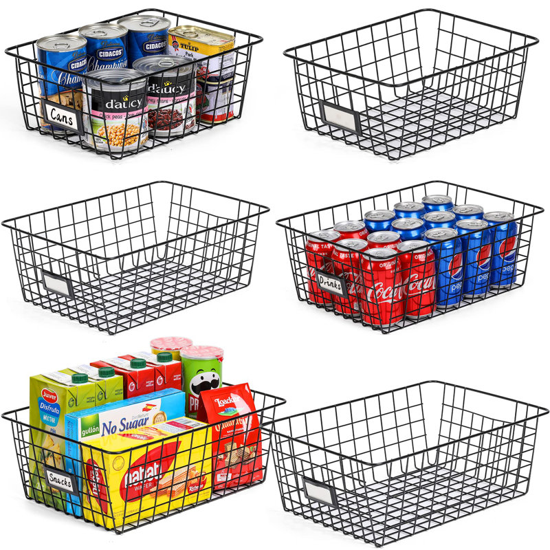 Extra Large Black Metal Wire Storage Baskets with Labels, Set of 6