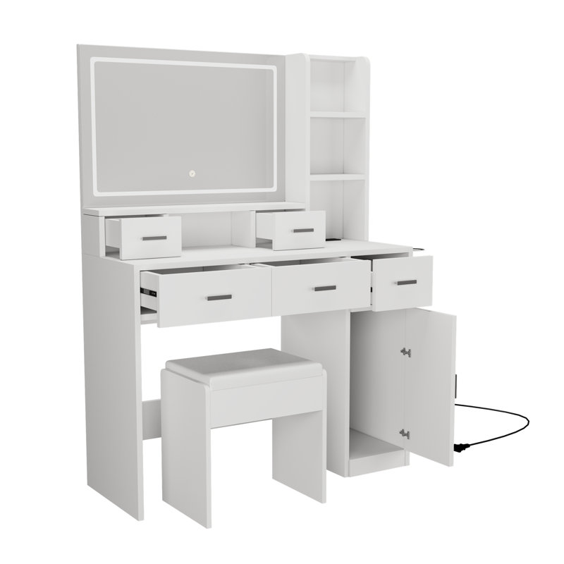 Coiffeuse avec miroir lumineux à 3 couleurs DEL et prise de courant, Blanc