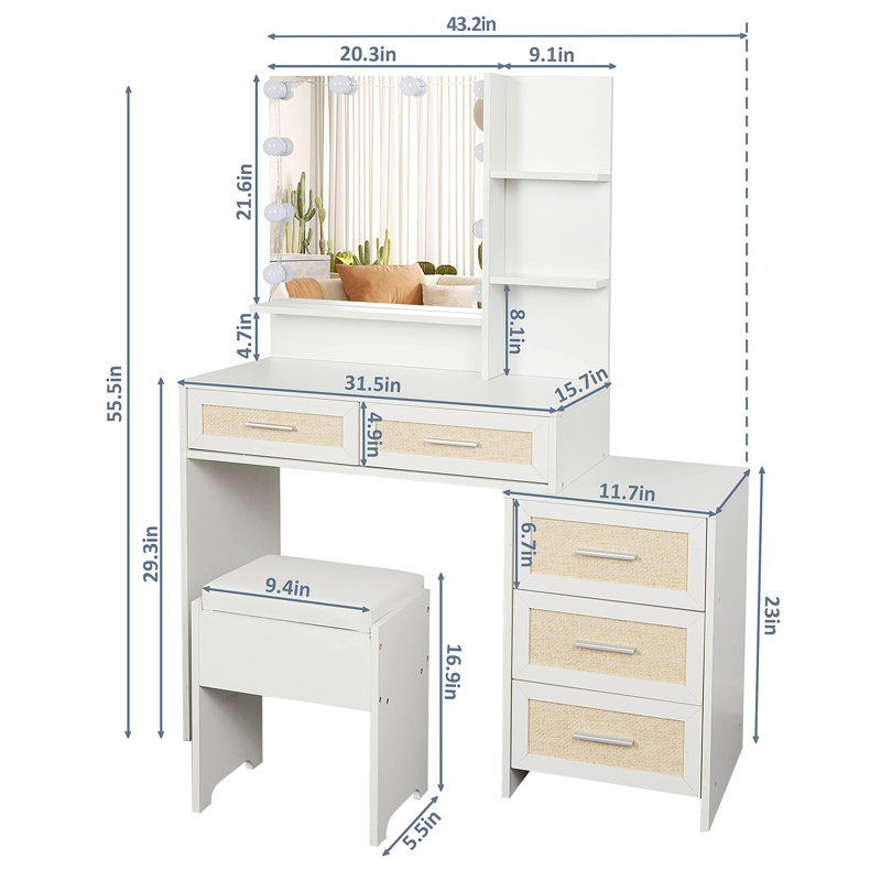 43.2'' Wide Vanity Set with Stool and Mirror