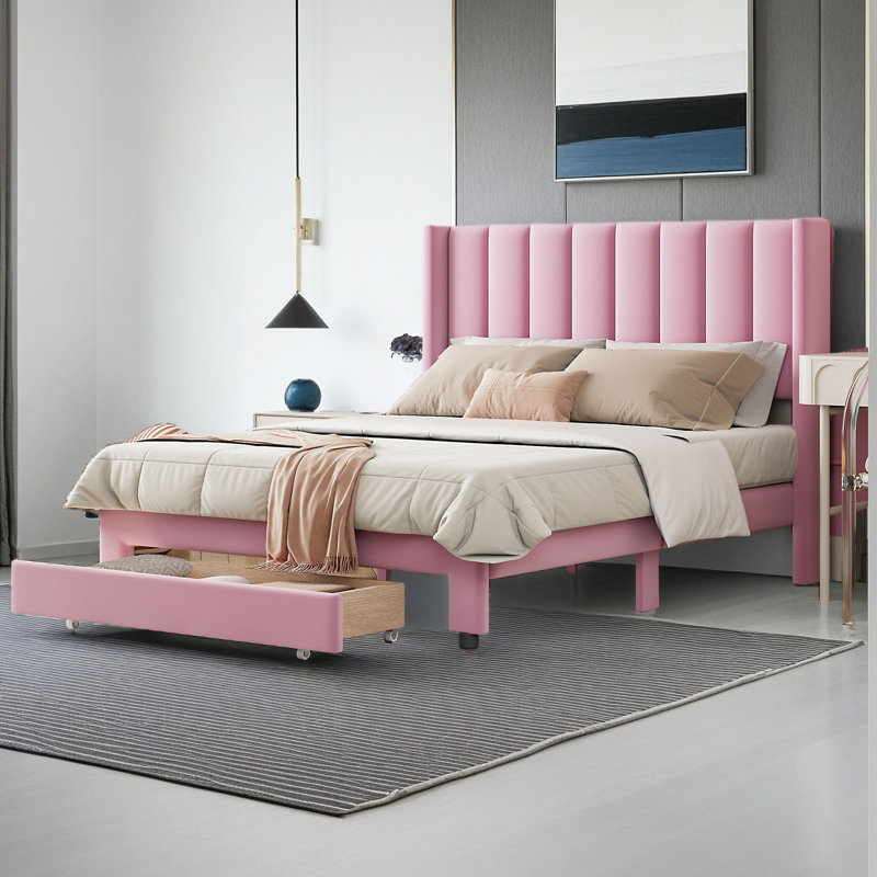 Lit plateforme double tapissier en velours avec grand tiroir
