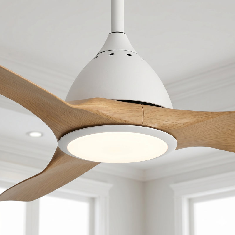  52-inch Modern Ceiling Fan with Light, 3 ABS Blades, DC Motor, 6 Speeds, Downrod Mount for Bedroom, Living Room, Oak