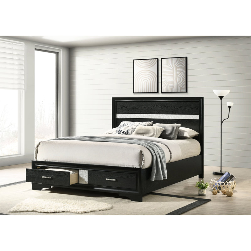Grand lit noir avec rangement à panneaux, tiroirs intégrés et détails décoratifs en cristal pour poignées de chambre à coucher, bois massif +