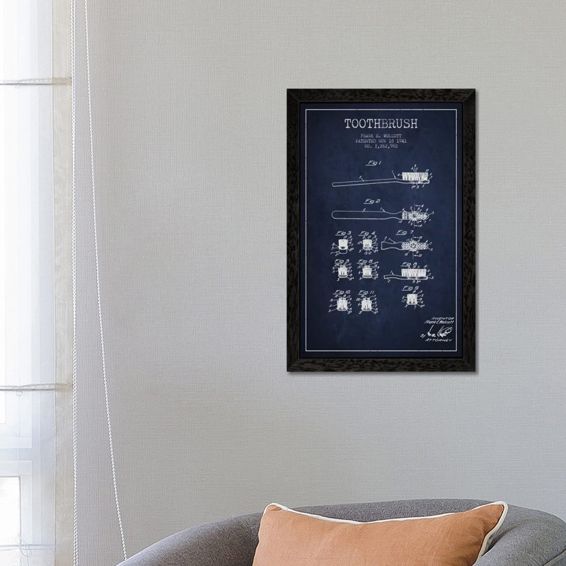 Toothbrush Navy Blue Patent Blueprint by Aged Pixel - Floater Frame Print on Canvas, 101.6 cm H x 66.04 cm W, Black Framed