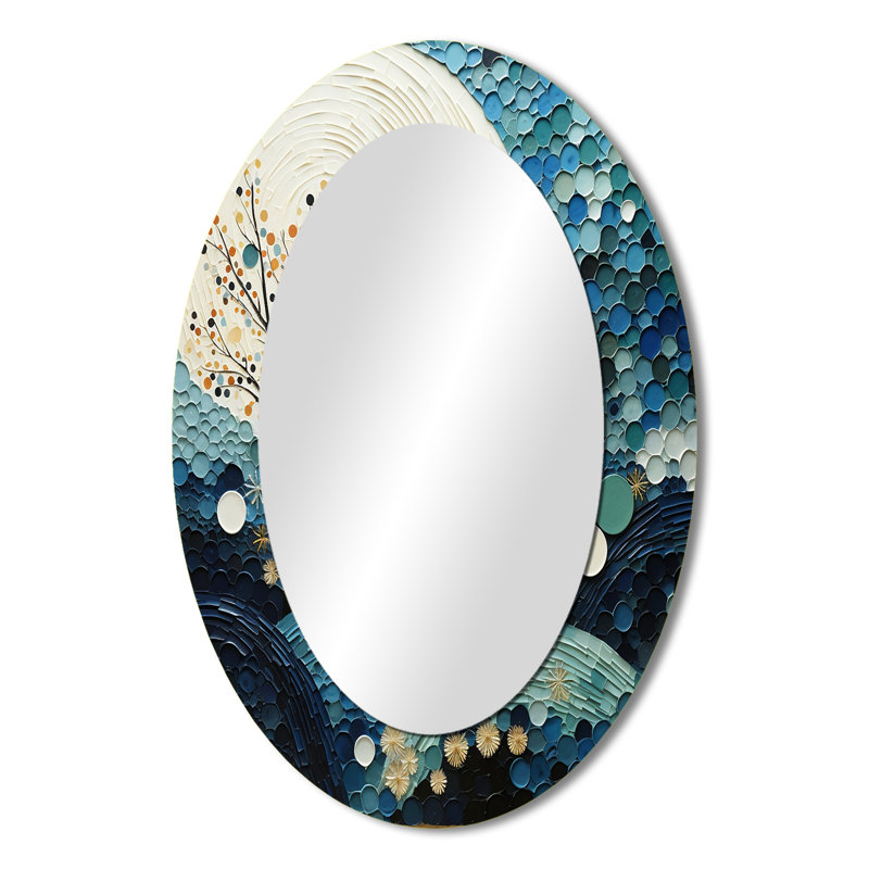 Miroir décoratif ovale abstrait en métal bleu sarcelle Mid Century Minimalist Rain II, 36 po x 24 po