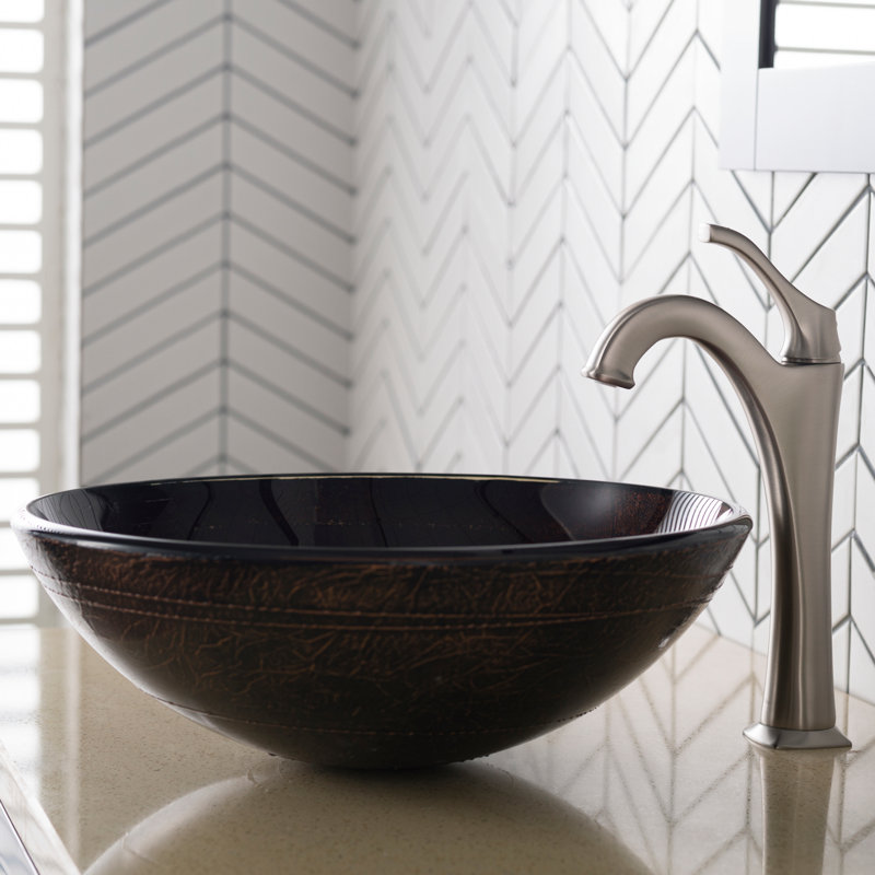 Glass Circular Vessel Bathroom Sink with Faucet, Brushed Nickel