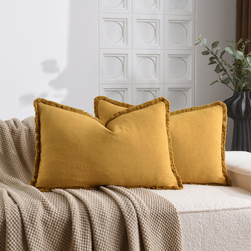 Washed Linen Textured Boho Farmhouse Pillow Cover With Tassels Edge, Yellow, Rectangle 14"H x 22"W