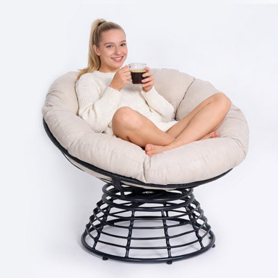 Fauteuil Papasan surdimensionné pivotant à 360 °, chaise longue ronde en osier de 43 po avec coussin épais, fauteuil Papasan confortable pour le salon, la chambre à coucher, le coin lecture, l'intérieur et l'extérieur