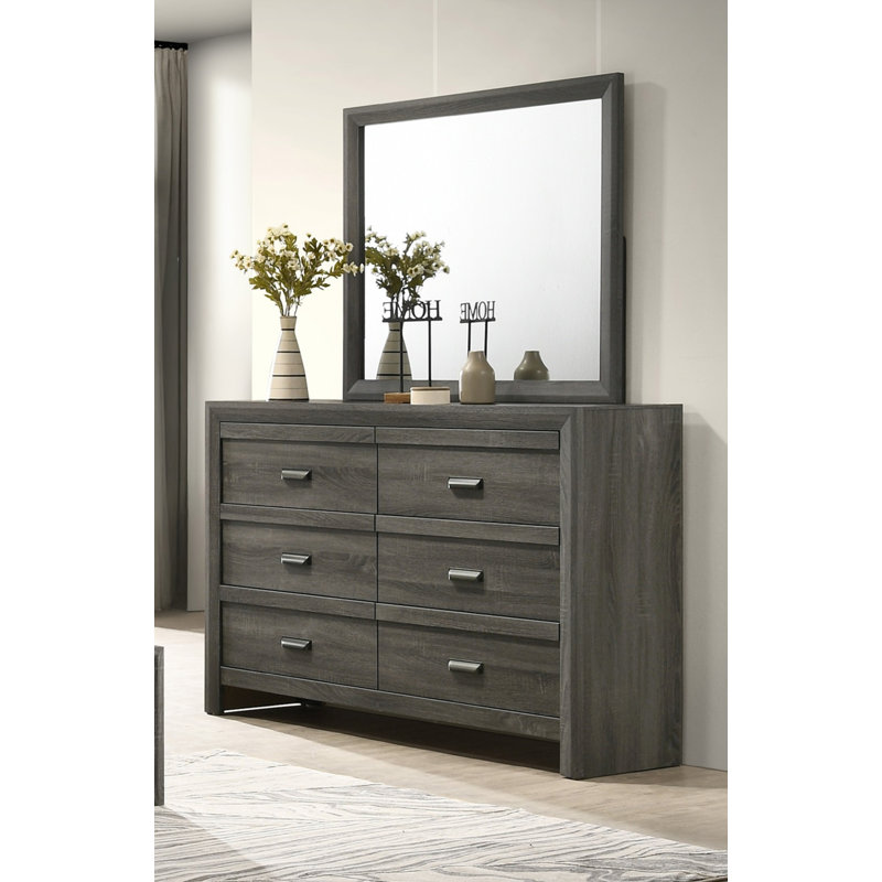 Mobilier de chambre à coucher 1 tiroir rustique contemporain à 6 tiroirs de rangement à finition grise rustique, Gris
