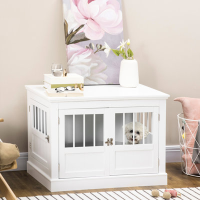 Caisse de bout pour chien, blanc. Pour les petits, comprend un plateau de table spacieux, une structure à 3 portes, une pièce de fixation magnétique, un chenil en acier pour chiens, un comptoir, des portes triples, un luminaire,