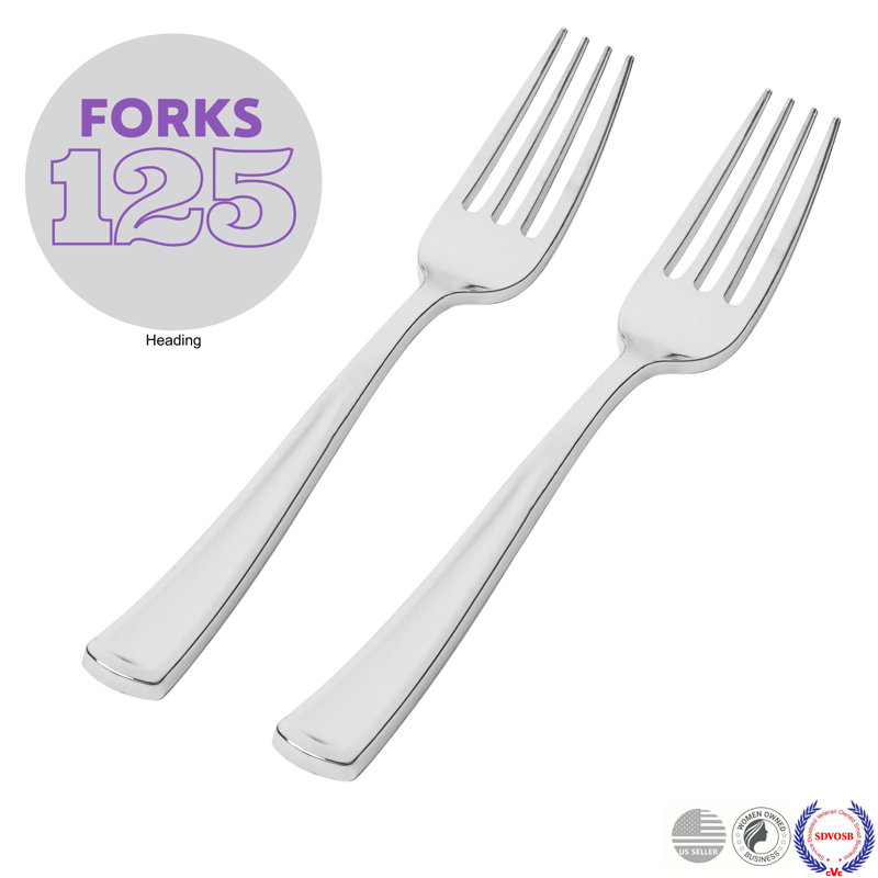 Perfect Settings Tableware 125 Pack Silver Plastic Disposable Fork Set- Polished Chrome Plastic Silverware Heavy Duty Elegant Designed Forks (Set of 125)