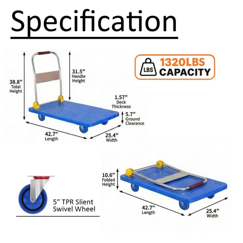 Diable pliable avec poignée à pousser, capacité de poids de 1320 lb