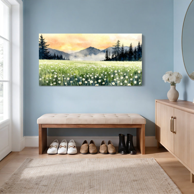 Ensemble de 1 tableau sur toile tendue, aquarelle représentant une prairie de montagne et des marguerites., H 24 po x l 48 po
