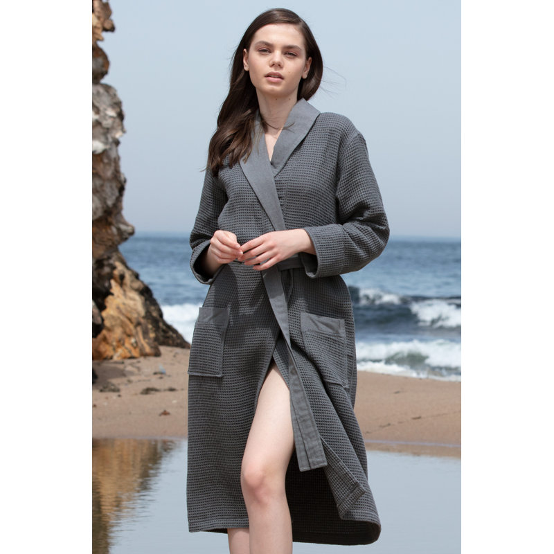 Peignoir mi-mollet en coton avec poches, Gris anthracite, S