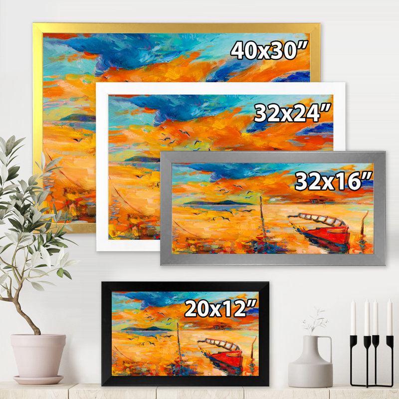 Bateau pendant la soirée, lueur au lac - peinture sur toile, H 16 po x l 32 po x p 1 po, Encadrement doré