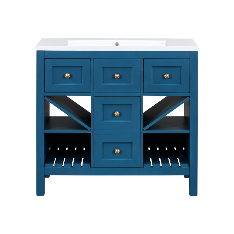 Meuble-lavabo 36 po avec lavabo en résine et tiroir, porte, armoire de rangement pour salle de bain, Bleu